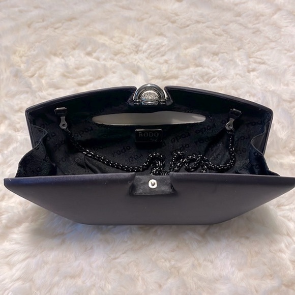 RODO satin Swarovski clutch shell evening bag / chain shoulder strap gunmetal - Picture 12 of 14